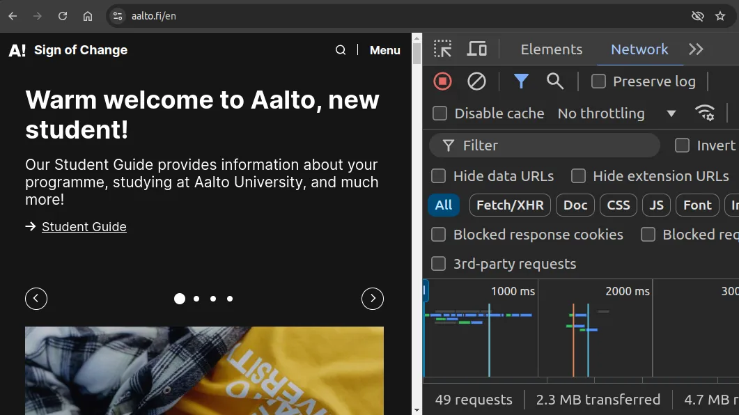 Fig 5. -- Chrome developer console showing the network tab when visiting the address https://aalto.fi/en. The browser makes almost 50 requests to just load and show the page.