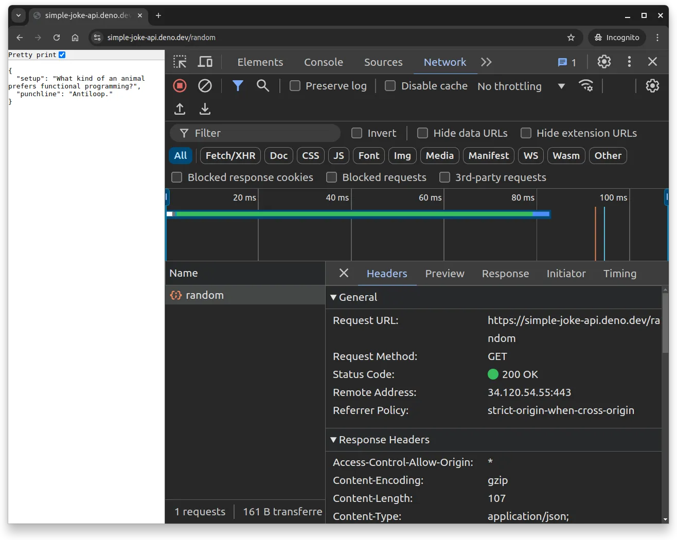 Fig 4. -- Chrome developer console showing the network tab when visiting the address https://simple-joke-api.deno.dev/random