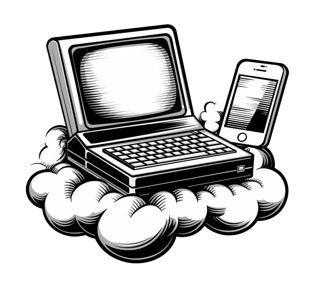 A black and white hand-drawn picture of a computer on a cloud