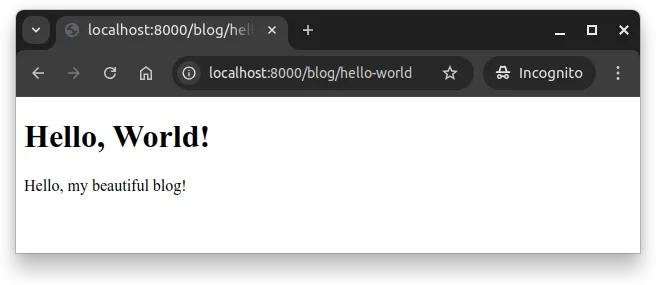 Fig. 1 -- Blog entry "Hello, World!" available at path /blog/hello-world.