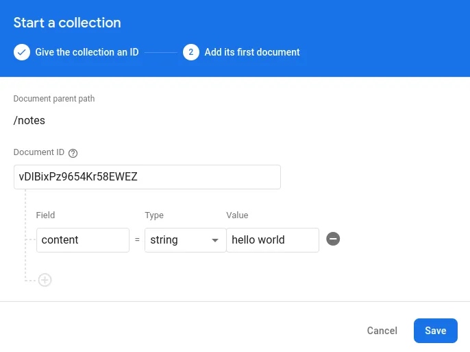 Fig. 2 - Screenshot of the dialog used for creating a collection and adding the first document.
