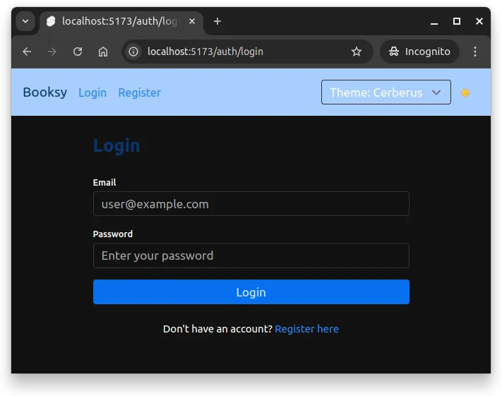 Fig 3. The login form uses dark mode styles when dark mode is enabled.