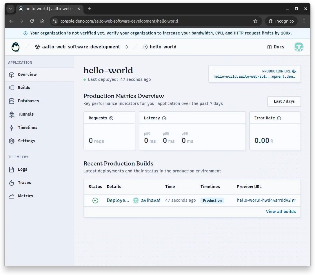 Fig 2. The application has been deployed and it is visible in the Deno Deploy dashboard