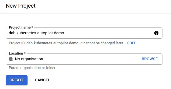 Fig. 1 - Creating a new project on Google Cloud.