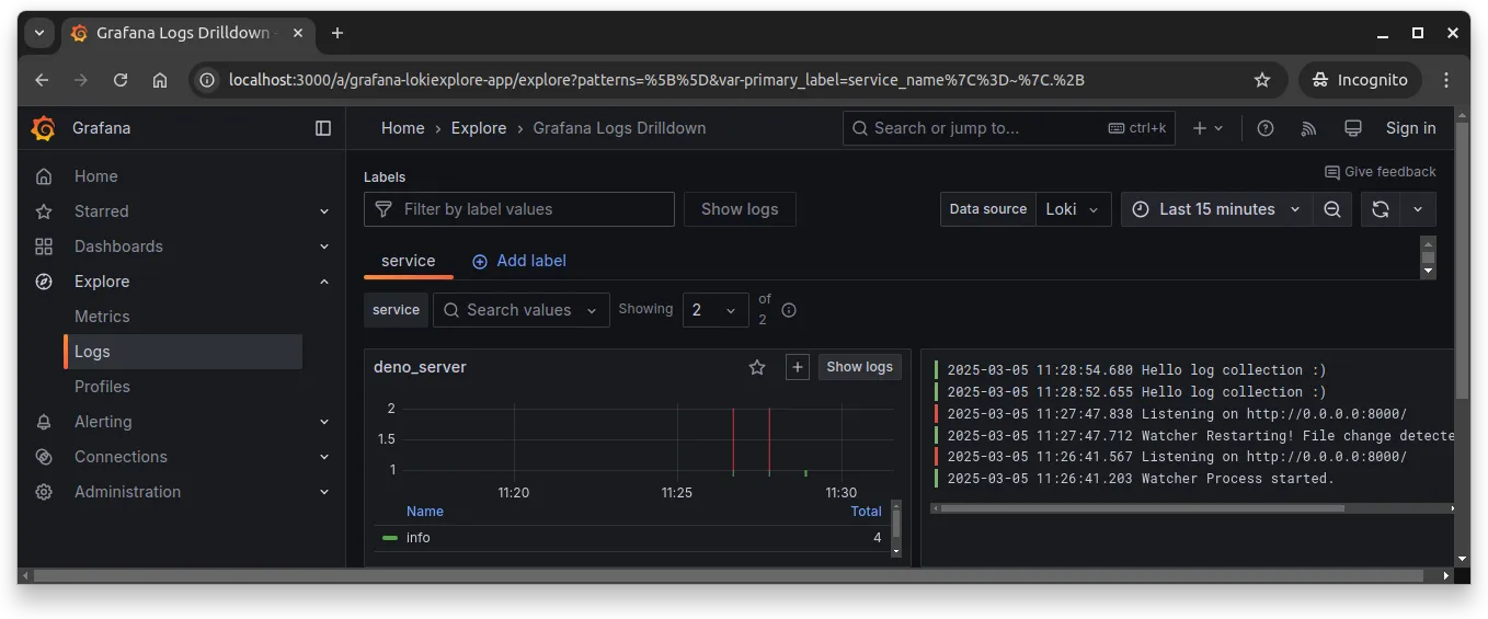 Fig. 2 - Selecting "Logs" under "Explore" in Grafana shows logs from Loki. As we have configured the service name to "deno_server", the logs relate to a service called "deno_server".