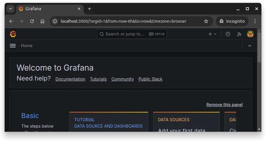 Fig. 1 - Grafana running at http://localhost:3000