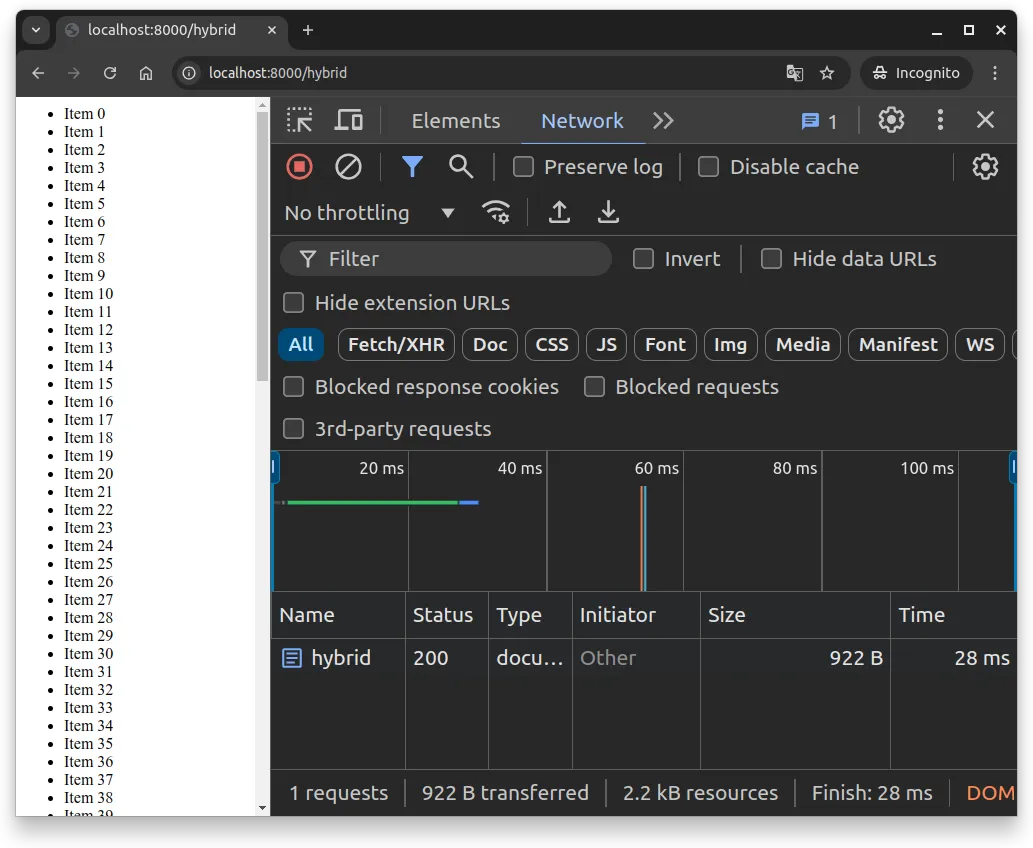 Fig. 1 -- Network tab in Chrome shows only the request to the /hybrid path.