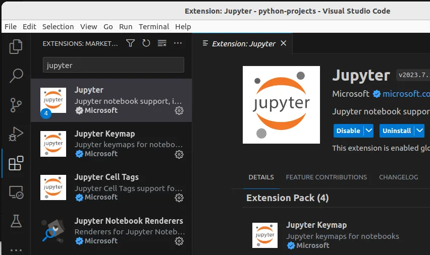 Fig 1. -- Jupyter support has been installed in VSCode.