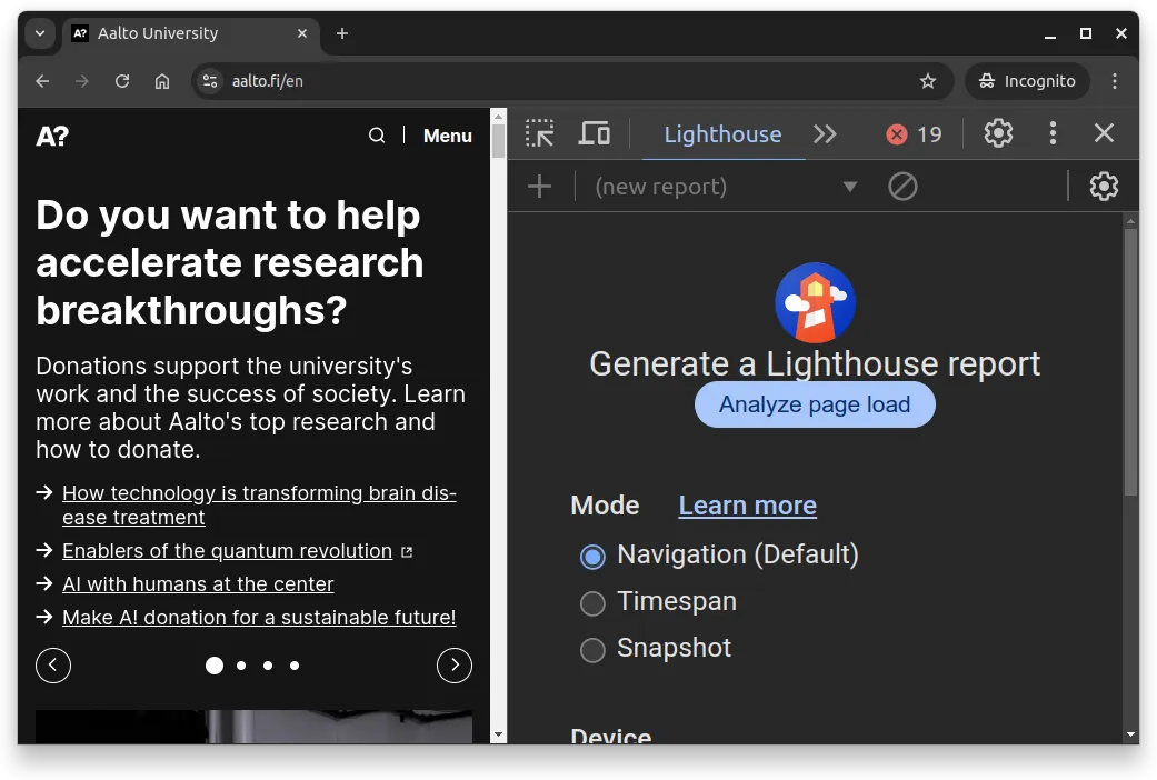 Fig. 2 -- Lighthouse tab opened in Chrome.