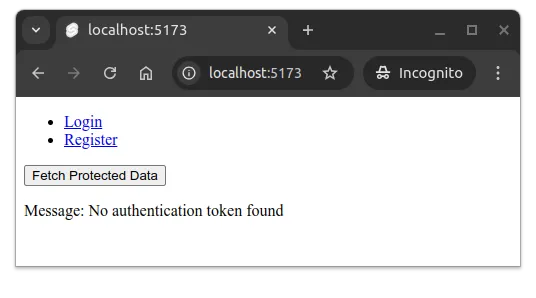 Fig 2. If the user is not logged in, pressing the button leads to seeing a message "No authentication token found".