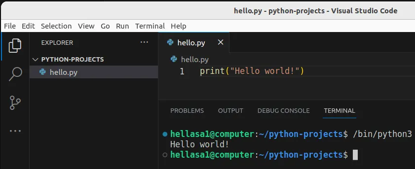 Fig 4. -- The contents of the file 'hello.py' have been run with Python. The output (and the Python command) are shown in the terminal at the bottom of VSCode.