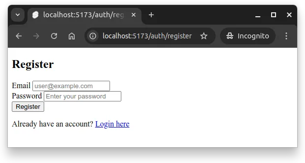 Fig 2. Registration form with input fields for email and password.
