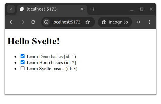 Fig 3. -- The list of todos is shown as an unordered list, where each todo has a checkbox, name, and the identifier.