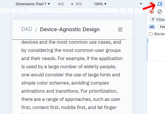 Fig. 2 - Toggle Device Toolbar selected in Google Chrome's console. The device has been selected as Pixel 7.