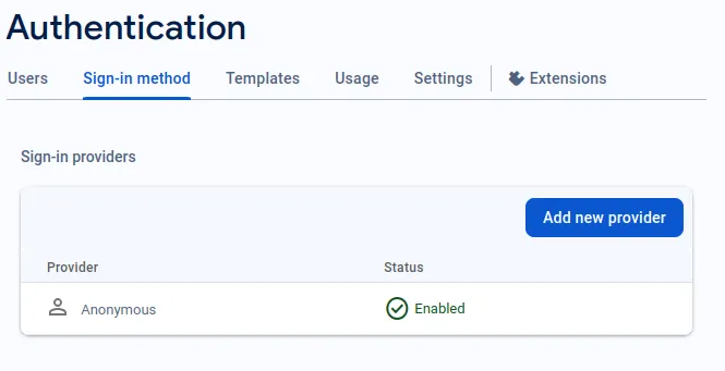 Fig. 4 - Screenshot of the the Firebase console showing that the anonymous authentication has been enabled.