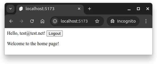 Fig 3. After logging in, the user is redirected to the home page with the email and logout button.