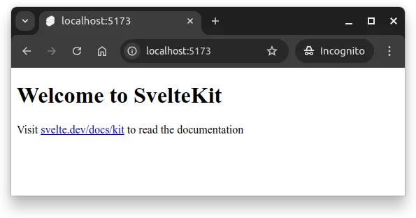 Fig 1. --  Running the command 'deno run dev' starts a development server at http://localhost:5173 and opens it up in a browser. At the address is a page with 'Welcome to SvelteKit' text.
