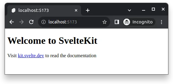 Fig 1. --  Running the command 'deno run dev' starts a development server at http://localhost:5173. At the address is a page with 'Welcome to SvelteKit' text.